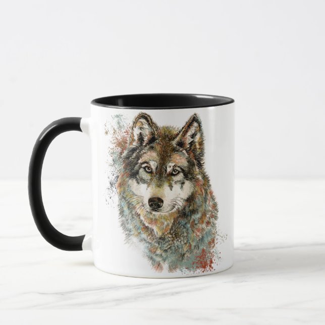 Caneca Cinza de Aquarelas Wolf Willife Animal Art (Esquerda)