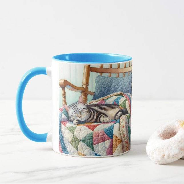 Caneca Cinza doce Gato dormindo em uma maré (Com Donut)