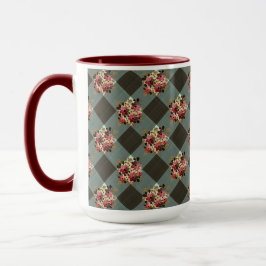 Caneca Cinza Gingham e Burgundy Floral Country