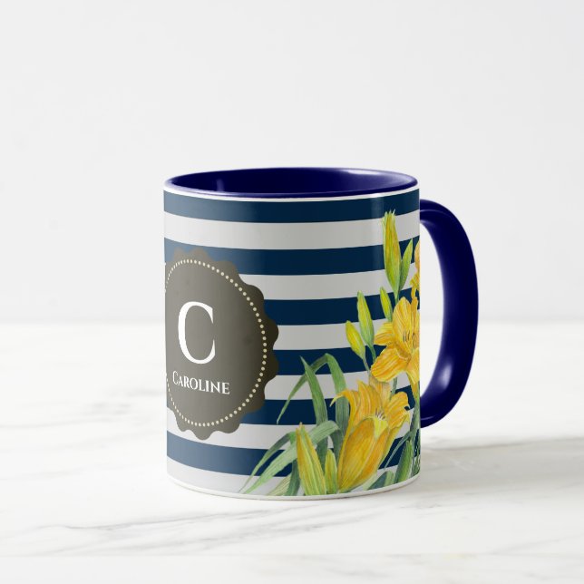 Caneca Cinza marinho Stripes Aquarela Dia Amarelo Lírios  (Frente Esquerda)