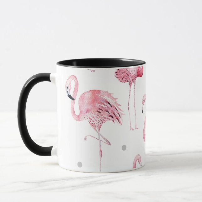Caneca Cinza Rosa Flamingos Bolinhas Padrão Chic (Esquerda)
