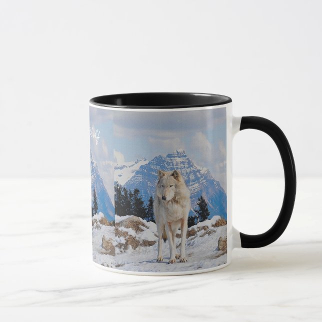 Caneca Cinza Wolf & Mountain Willife Art Bebendo Mug (Direita)