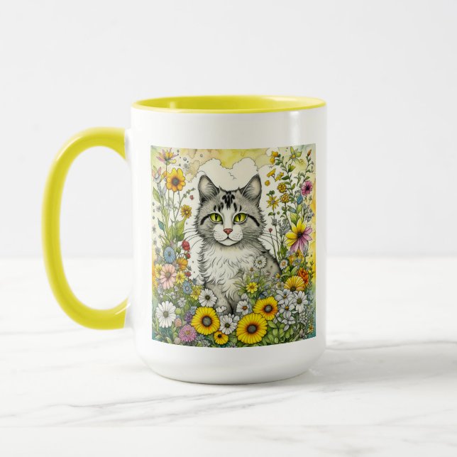 Caneca Cinzas e Gatinhos Brancos Sentados em Flores (Esquerda)