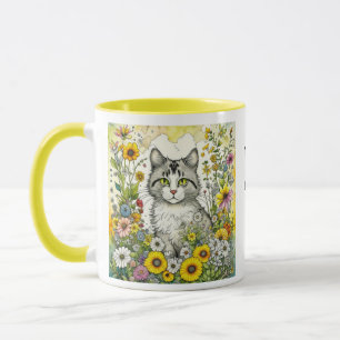 Caneca Cinzas e Gatinhos Brancos Sentados em Flores