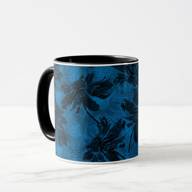 Caneca Cinzas e padrão floral azul. (Frente Esquerda)