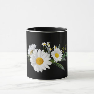 Caneca Cinzas, flores amarelas e brancas