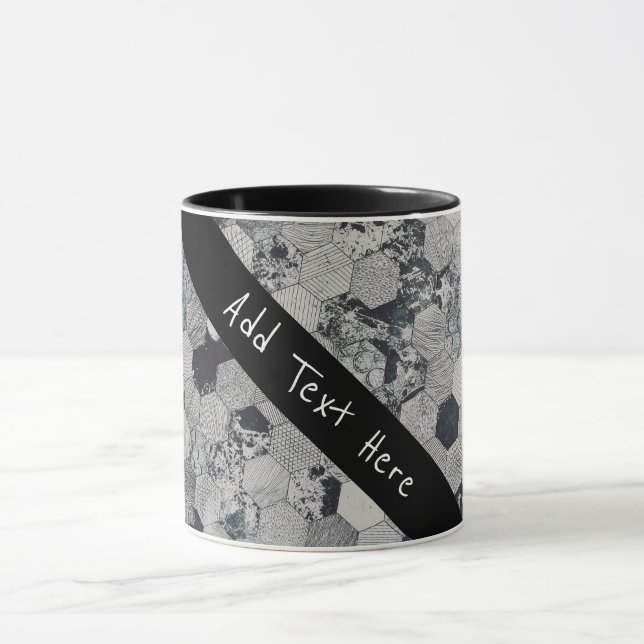 Caneca Cinzas geométricas, Padrão de Hexágono Branco e Ne (Centro)