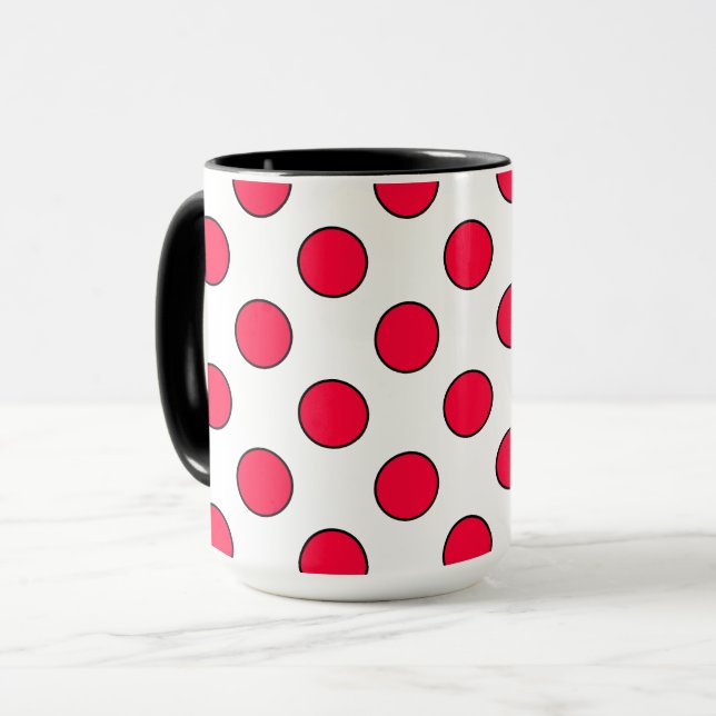 Caneca Círculo de bolinhas vermelhas e brancas abstratas  (Frente Esquerda)