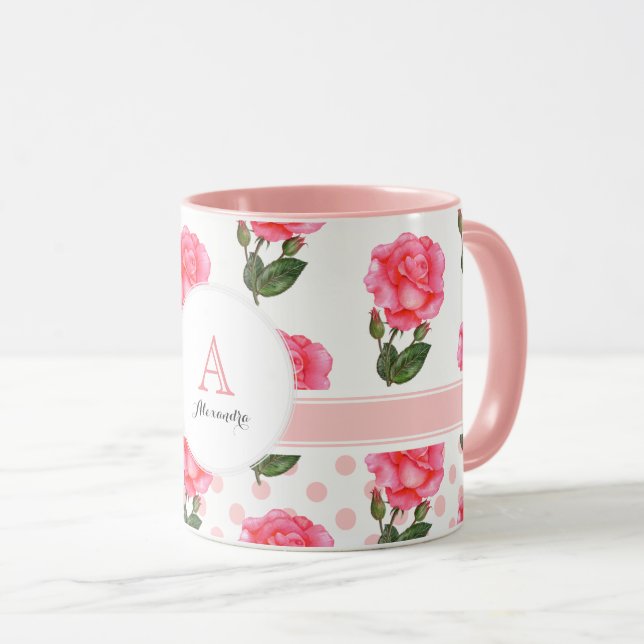 Caneca Círculo Monograma de Bolinhas de Rosas Rosa Person (Frente Esquerda)