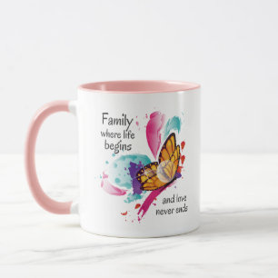 Caneca Citação da Vida Familiar da Borboleta de Cores Aqu