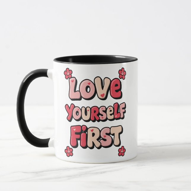 Caneca Citação Groovy Rosa "Ame a Si Mesmo Primeiro" (Esquerda)
