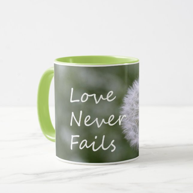 Caneca Citar O Amor Nunca Falha Dandelion 1 Coríntios 13 (Frente Esquerda)