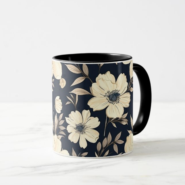Caneca Classic Cream Flowers On Dark Navy Blue Background (Frente Esquerda)
