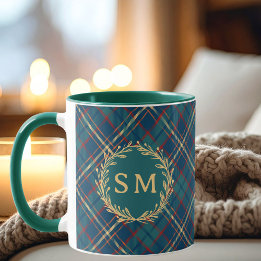 Caneca Classic Monogram Gold Wreath Green Tartan Plaid