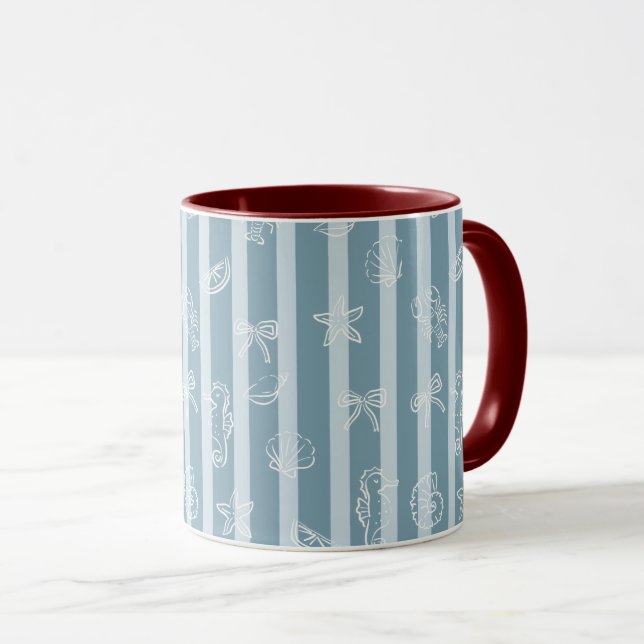 Caneca Coastal Nautical Pattern | Blue Sea Shell & Seahor (Frente Esquerda)