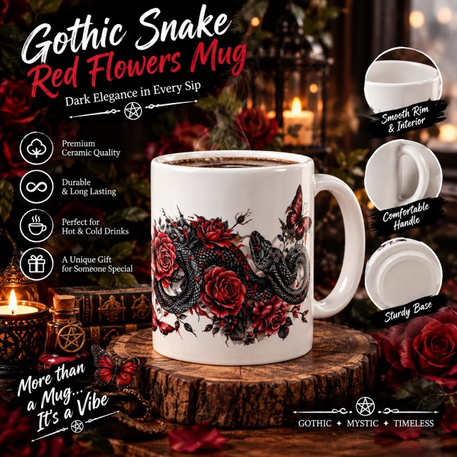 Caneca Cobra Gótica e Flores Vermelhas – Botânica  (Criador carregado)