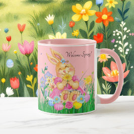 Caneca Coelhinho de Páscoa em Flores de Primavera Rosa Pr