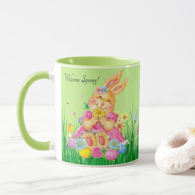 Caneca Coelhinho de Páscoa em Flores de Primavera Rosa Pr (Com Donut)