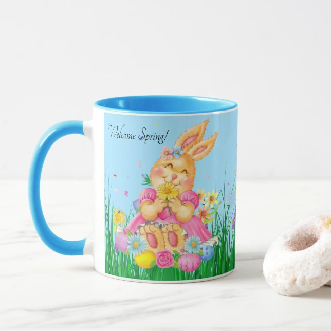 Caneca Coelhinho de Páscoa em Flores de Primavera Rosa Pr (Com Donut)