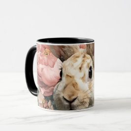 Caneca coelhinho fofo, peônias e borboleta