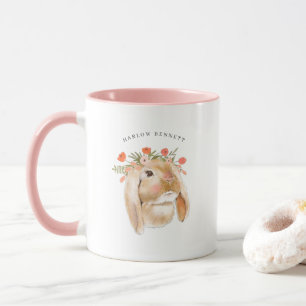 Caneca Coelho Bunny Floral Aquarela   Nome Monograma