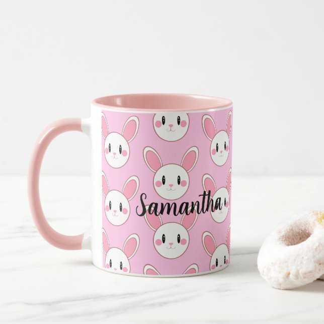 Caneca Coelho Cinzento Rosa Moderno Cuado Fluffy Coelho (Com Donut)