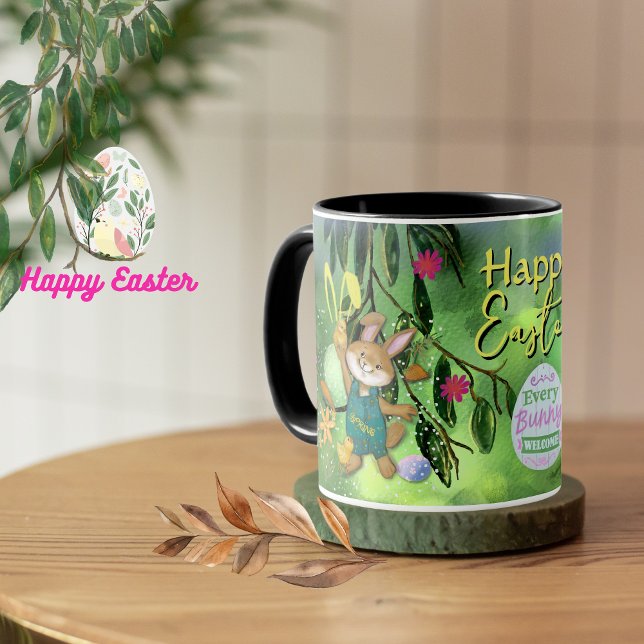 Caneca Coelho Coelho da Páscoa de Aquarelas Personalizado (Watercolor Easter Bunny Chicken Custom Mug)