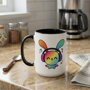 Caneca Coelho feliz com fones de ouvido ouvindo música.