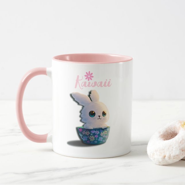 Caneca coelho kawaii numa tigela decorada com flores (Com Donut)