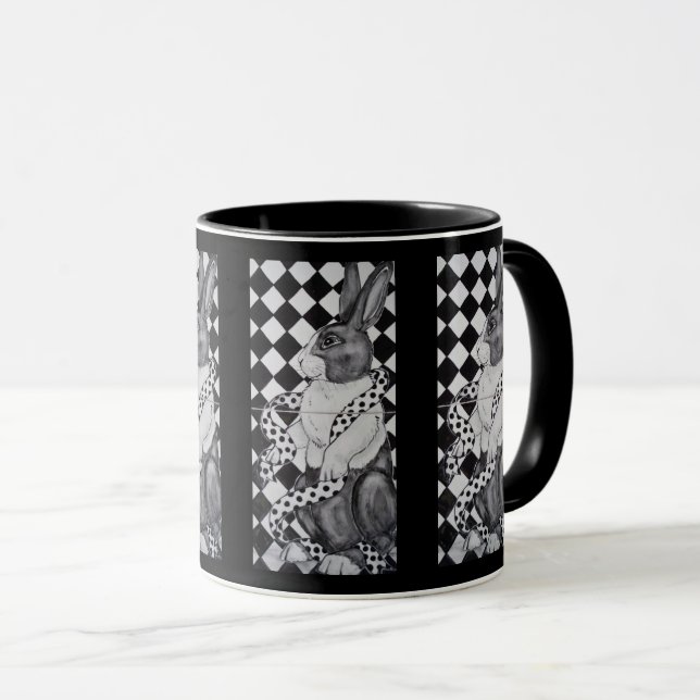 Caneca Coelho Negro e Branco Holandês Rabbit Geométrico D (Frente Esquerda)