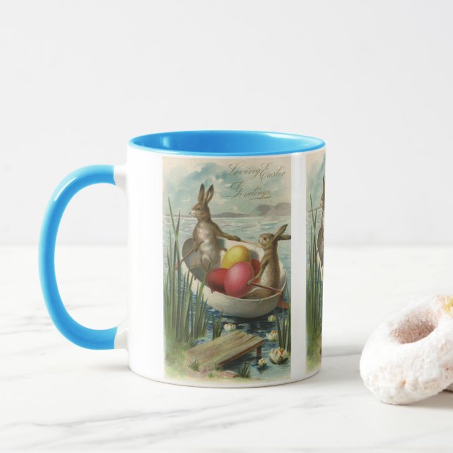 Caneca Coelhos de Páscoa Vintage em um Barco com Ovos de  (Com Donut)