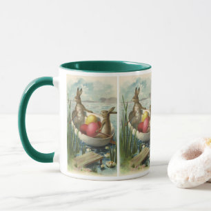 Caneca Coelhos de Páscoa Vintage em um Barco com Ovos de