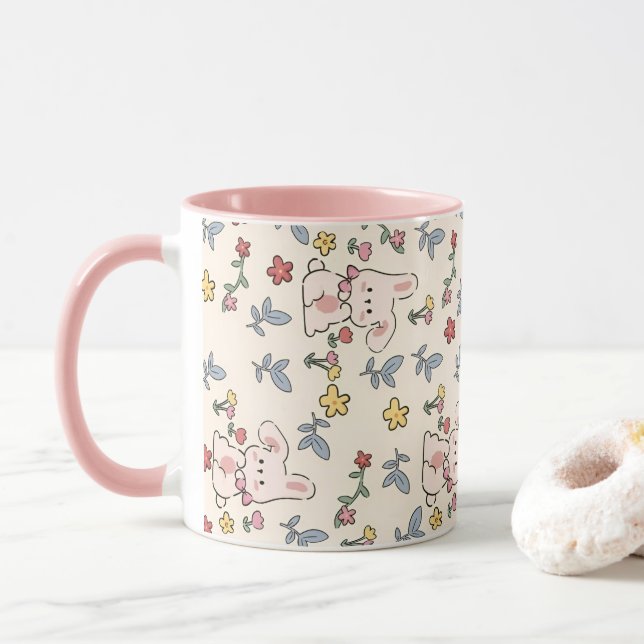 Caneca Coelhos, Flores E Folhas Cujas Costas (Com Donut)