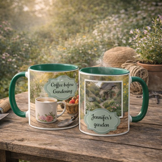 Caneca Coffee before gardening morning garden photo (Create your own personal  Coffee before gardening, morning in the garden photo mug. )