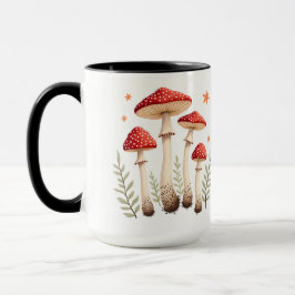 Caneca Cogumelos Agáricos Vibrantes e Elementos Botânicos