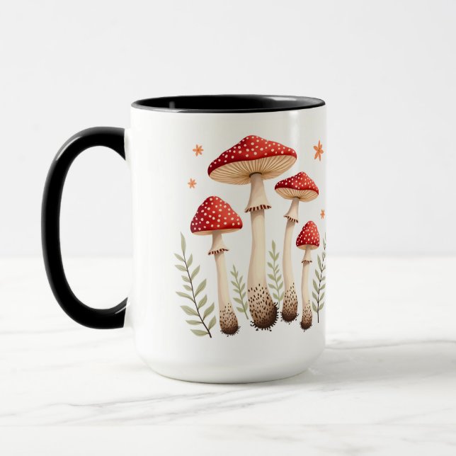Caneca Cogumelos Agáricos Vibrantes e Elementos Botânicos (Esquerda)