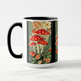 Caneca Cogumelos Agáricos Vibrantes e Elementos Botânicos