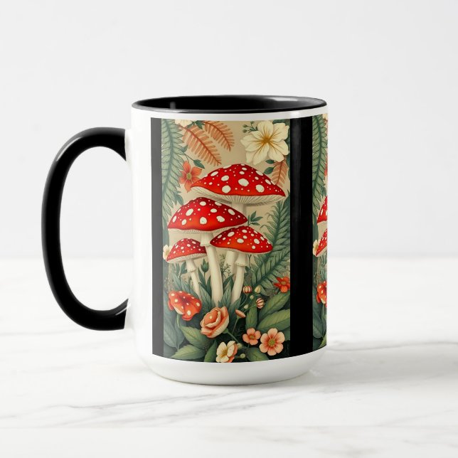 Caneca Cogumelos Agáricos Vibrantes e Elementos Botânicos (Esquerda)