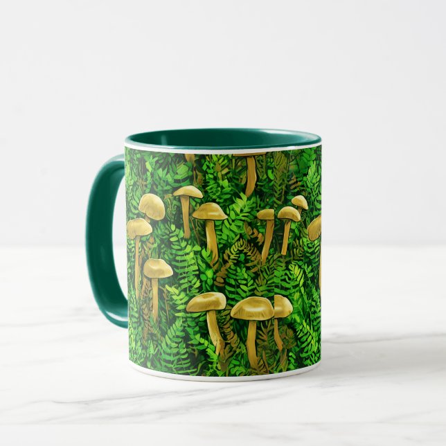 Caneca Cogumelos e Ferns no chão da floresta (Frente Esquerda)