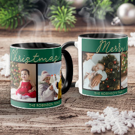 Caneca Colagem de 3 Fotos Natal Feliz Verde Festivo
