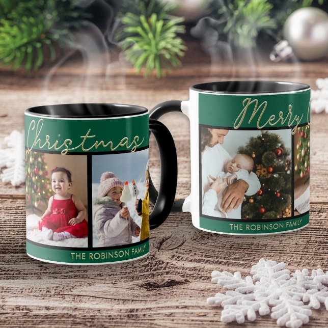Caneca Colagem de 3 Fotos Natal Feliz Verde Festivo (A festive personalized green mug, with Merry Christmas greeting and a gallery of your own photos)