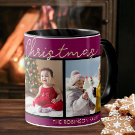 Caneca Colagem de 3 Fotos Natal Vermelho Burgundy Festivo