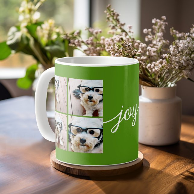 Caneca Colagem de 4 Fotos com Alegria de Férias Verde (Mug template with 8 photos )