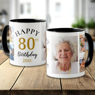 Caneca Colagem de 5 Fotos Personalizada Feliz 80º Anivers