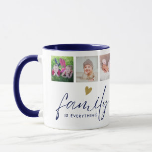 Caneca Colagem de 6 Fotos de Família Personalizada Azul e