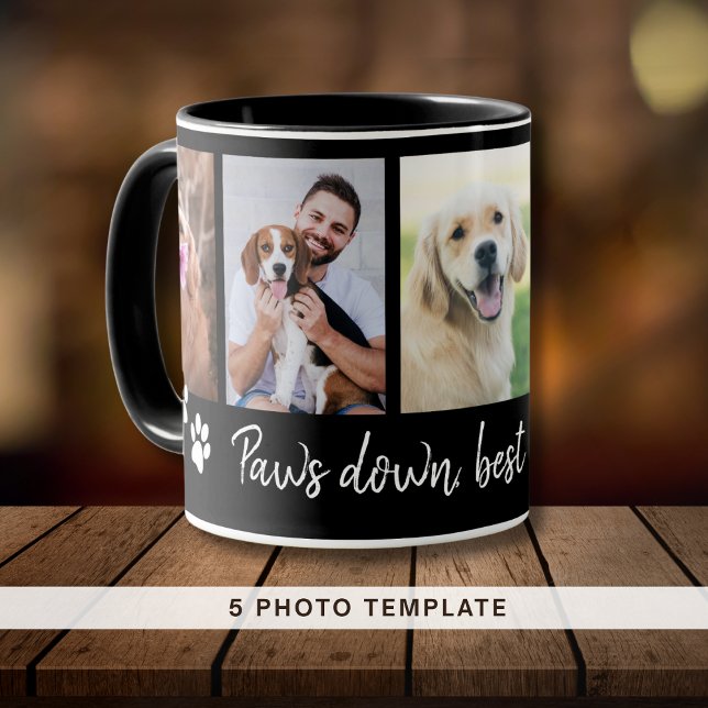 Caneca Colagem de Fotografias do Melhor Pai de Cachorro 5 (Paws Down Best Dog Dad 5 Photo Collage Black Mug)