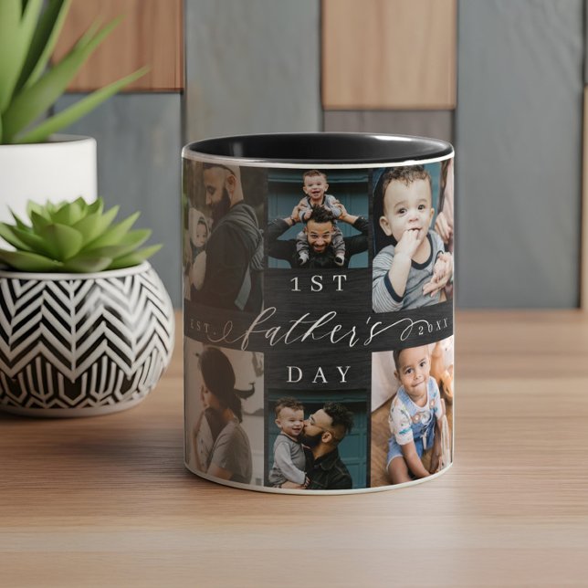 Caneca Colagem de Fotografias Pretas de Madeira de Primei (First Father's Day Black Woodgrain Photo Collage Mug)