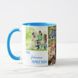 Caneca Colagem de Fotos de Família em Caligrafia Azul Cla