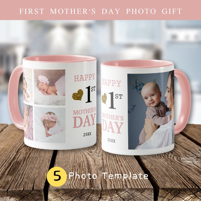 Caneca Colagem de Fotos Feliz do Primeiro Dia de as mães  (Happy First Mother's Day 5 Photo Collage Pink Mug
)