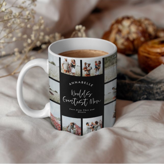 Caneca Colagem de fotos mínima elegante e preta da mãe (Criador carregado)